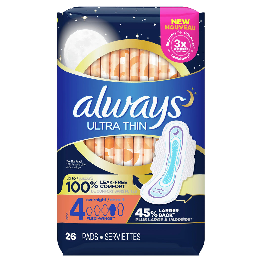 Always Ultra Thin Pads Size 4 Overnight Asorbency With Wings 26 Ct